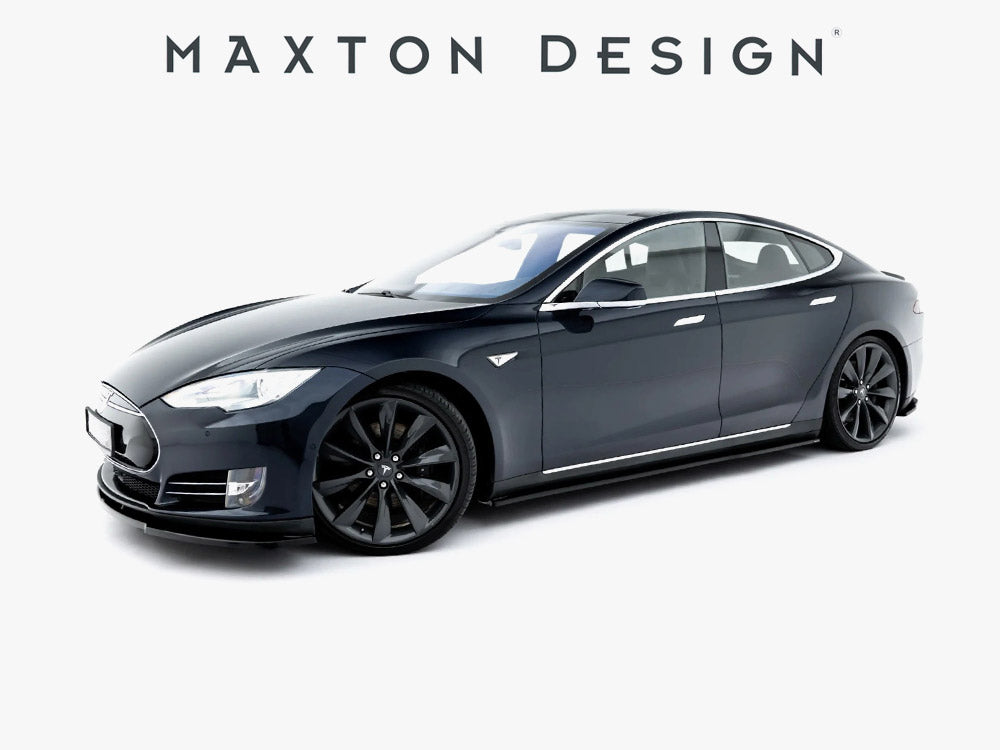 Maxton Design full body kit set for Tesla Model S Mk1, including front bumper, side skirts, and rear diffuser, in black.
