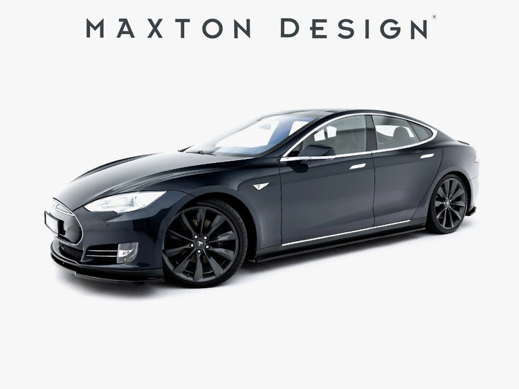 Maxton Design full body kit set for Tesla Model S Mk1, including front bumper, side skirts, and rear diffuser, in black.