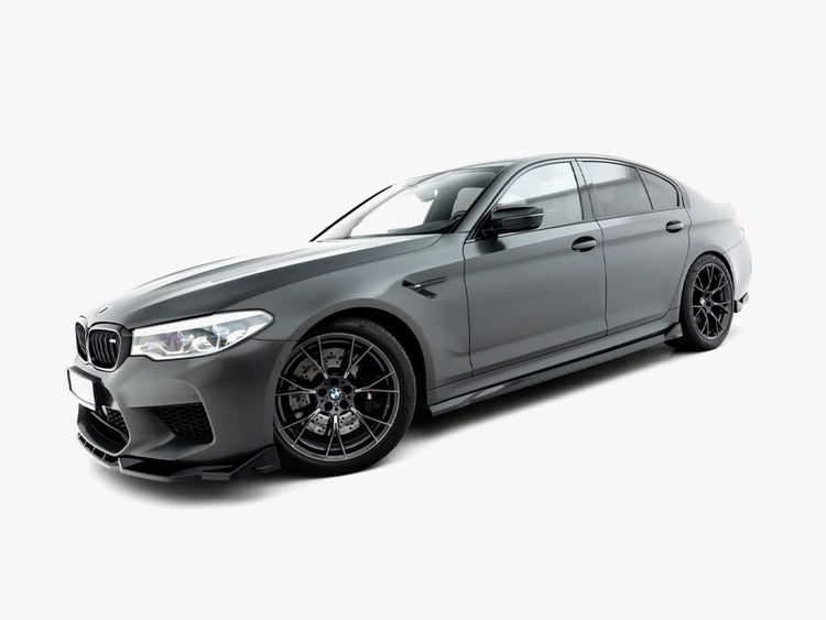 Maxton Design BMW M5 F90 full body kit set showcasing front bumper, side skirts, and rear diffuser on a sleek black car.