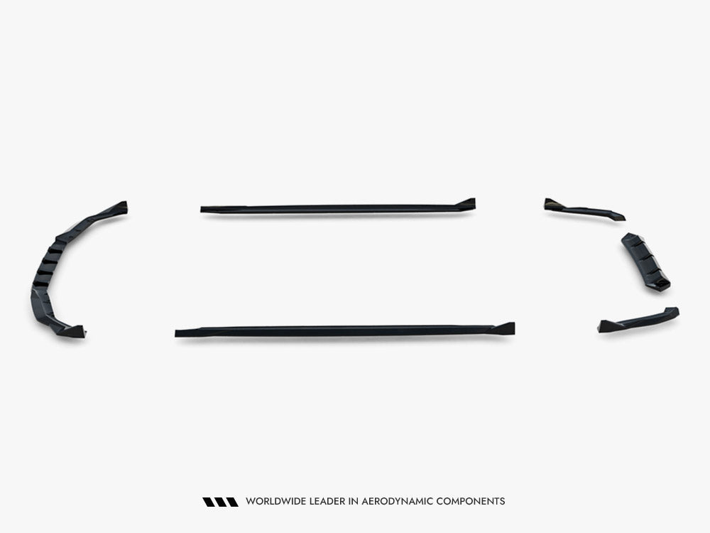 Maxton Design BMW M5 F90 full body kit set including front bumper, side skirts, and rear diffuser in black for sporty look.