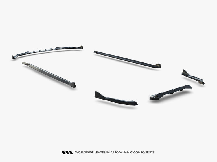 Maxton Design BMW M5 F90 full body kit set including front bumper, side skirts, and rear diffuser in black finish.