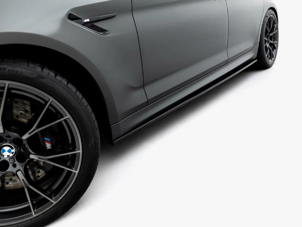Maxton Design BMW M5 F90 full body kit set showing front and side view with aerodynamic enhancements and sporty styling.