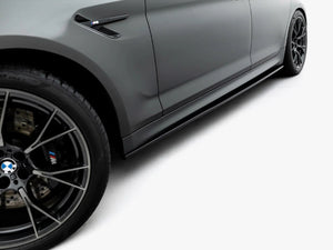 Maxton Design BMW M5 F90 full body kit set showing front and side view with aerodynamic enhancements and sporty styling.