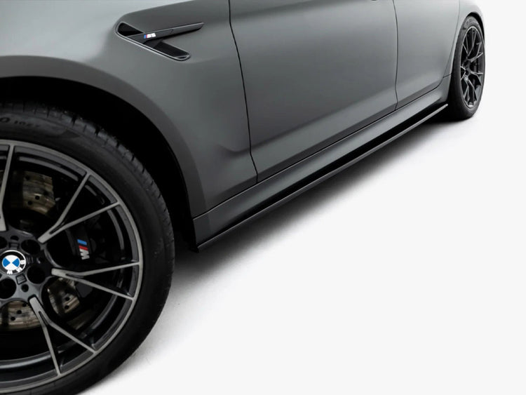 Maxton Design BMW M5 F90 full body kit set showing front and side view with aerodynamic enhancements and sporty styling.