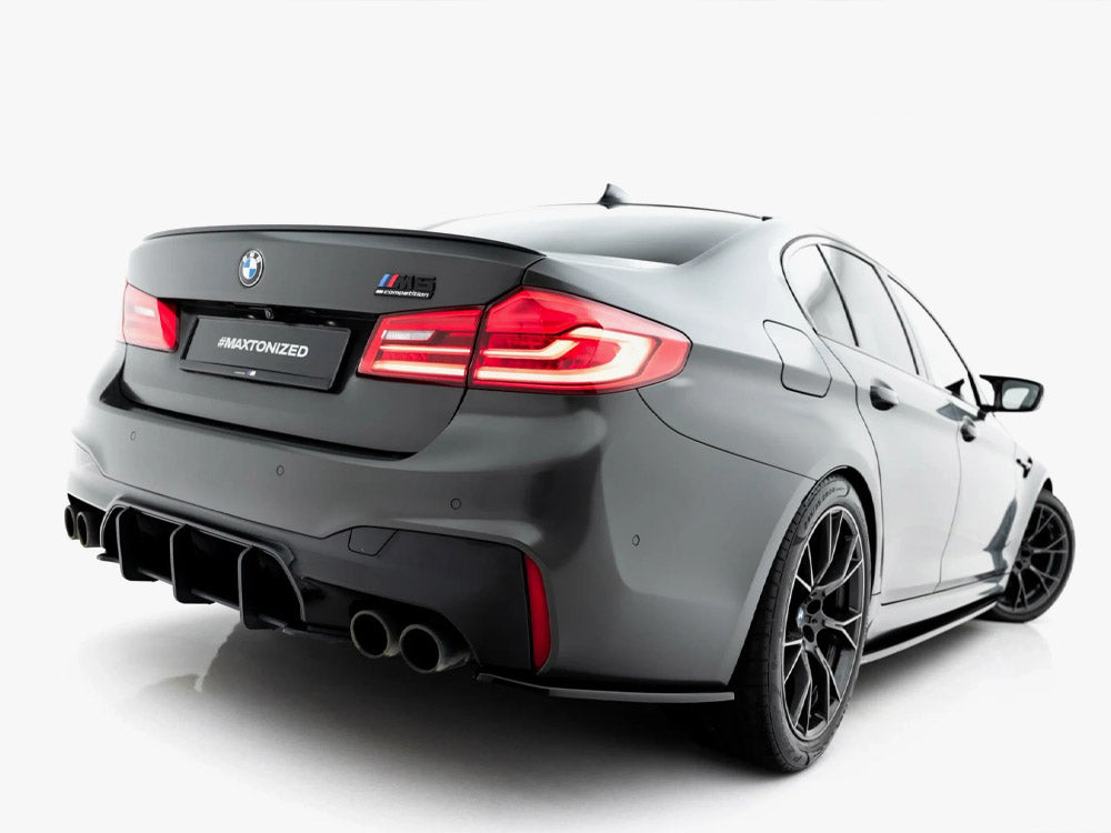 Maxton Design BMW M5 F90 full body kit set, including front bumper, side skirts, and rear diffuser, in black finish.