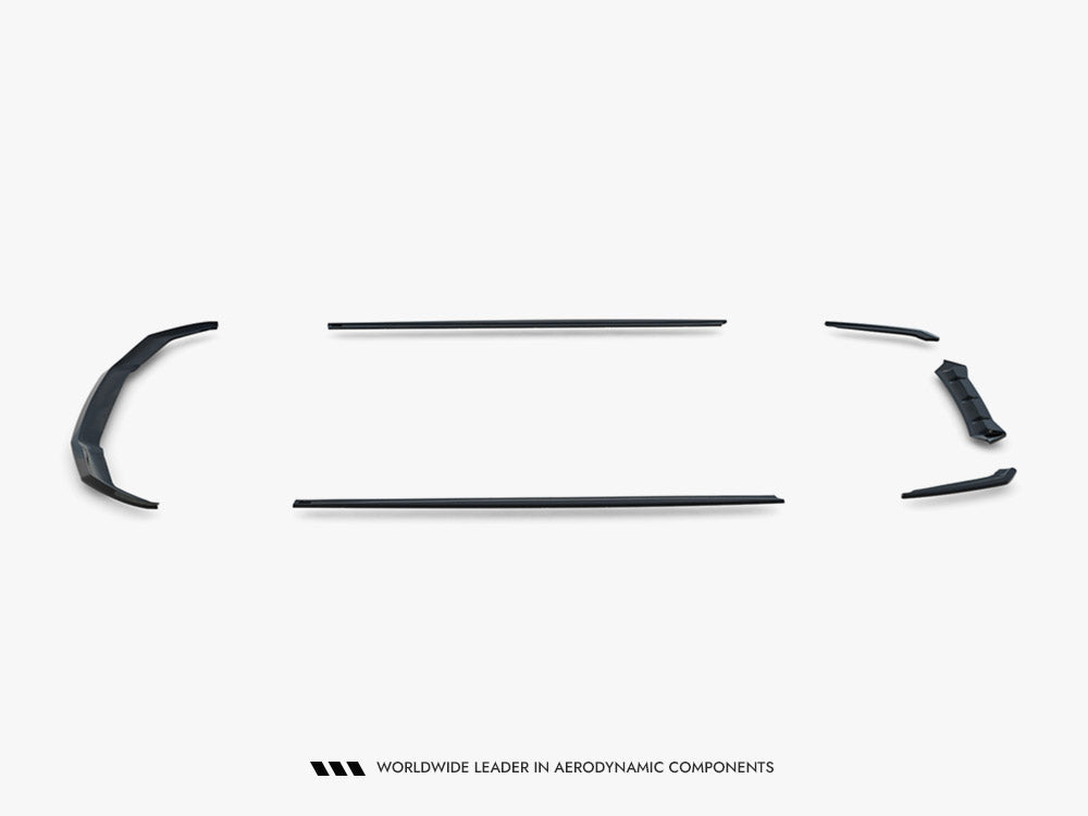 Maxton Design BMW M5 F90 full body kit set with front splitter, side skirts, and rear diffuser in black, designed for aerodynamic enhancement.
