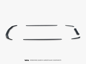 Maxton Design BMW M5 F90 full body kit set with front splitter, side skirts, and rear diffuser in black, designed for aerodynamic enhancement.