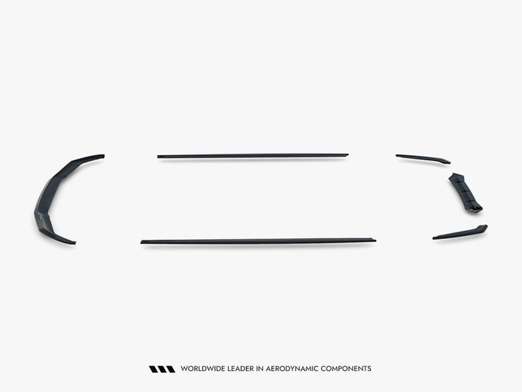 Maxton Design BMW M5 F90 full body kit set with front splitter, side skirts, and rear diffuser in black, designed for aerodynamic enhancement.