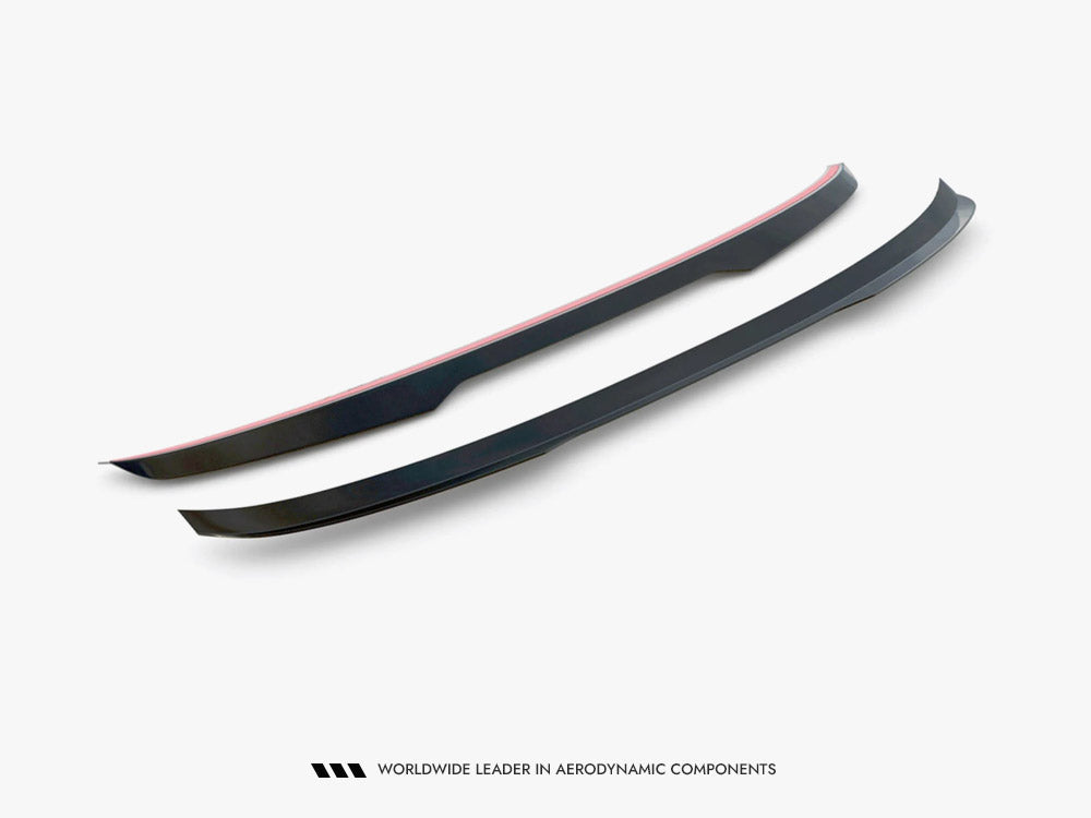 Maxton Design BMW 5 Series G30 V.1 spoiler cap installed on the rear of the sedan, black aerodynamic accessory for enhanced style.