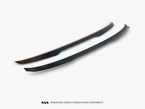 Maxton Design BMW 5 Series G30 V.1 spoiler cap installed on the rear of the sedan, black aerodynamic accessory for enhanced style.