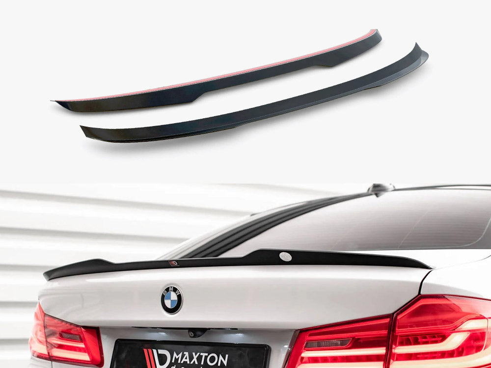 Maxton Design V.1 spoiler cap for BMW 5 Series G30 sedan, black plastic with integrated aerodynamic fins, mounted on vehicle rear.