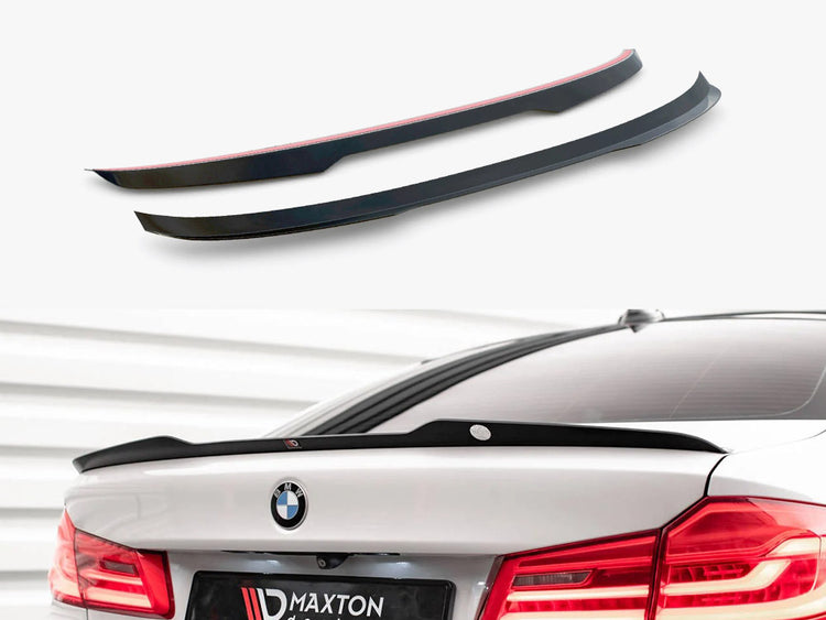Maxton Design V.1 spoiler cap for BMW 5 Series G30 sedan, black plastic with integrated aerodynamic fins, mounted on vehicle rear.