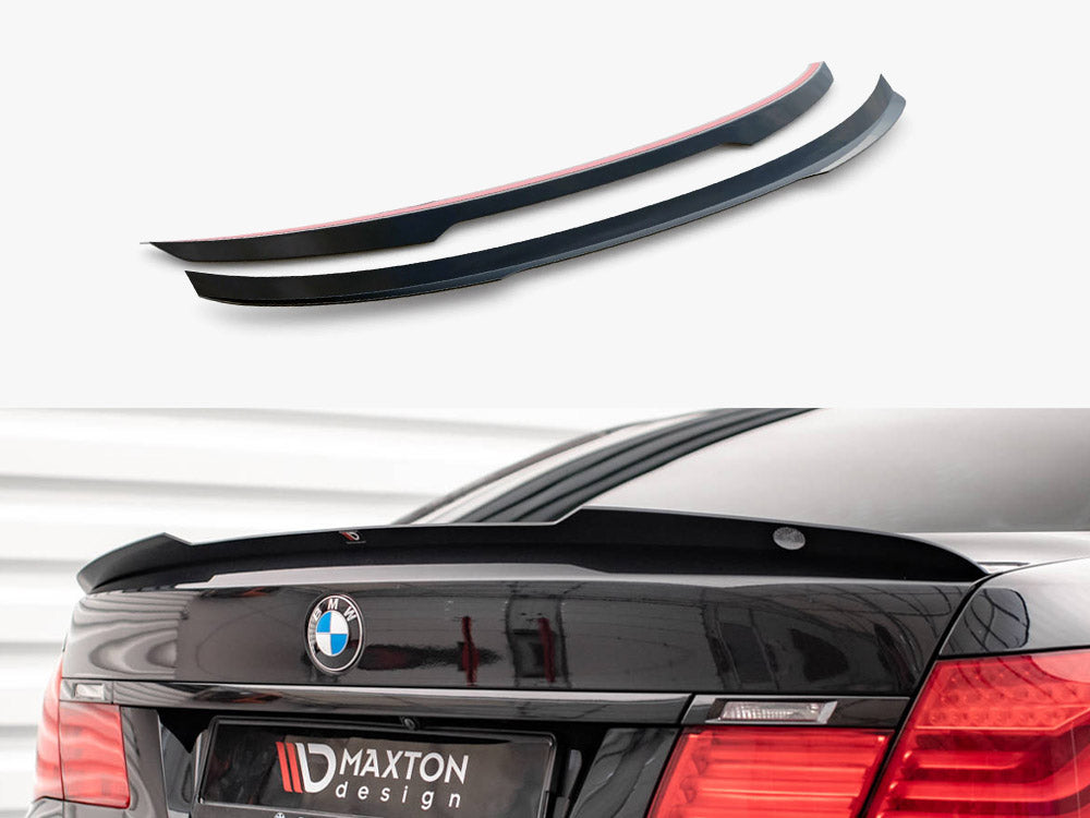 Maxton Design BMW 7 Series F01 M-Pack spoiler, black carbon fiber look, mounted on vehicle, showcasing aerodynamic rear enhancement