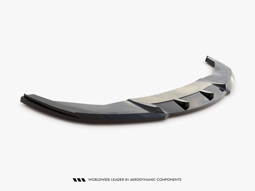 Maxton Design Front Splitter V.2 for BMW 7 Series F01 M-Pack, black aerodynamic car front splitter with mounting details