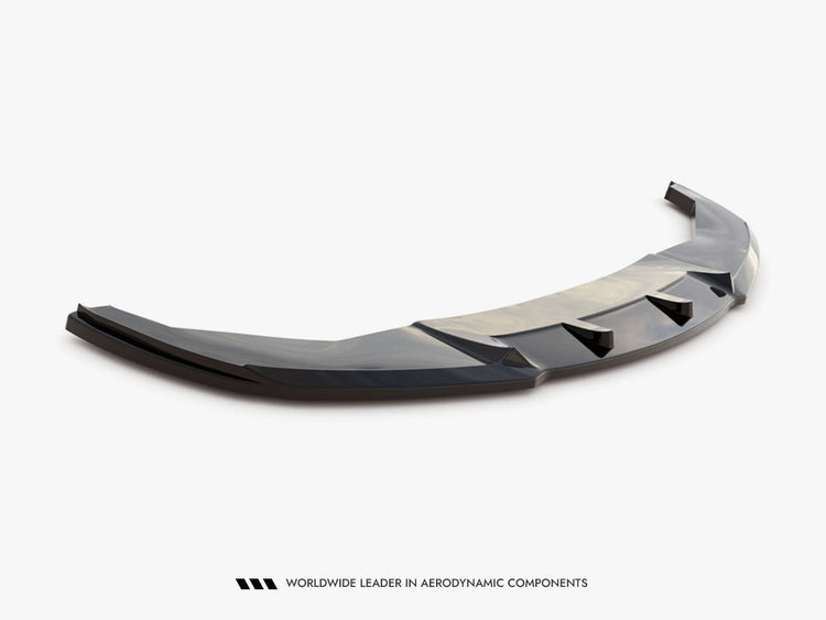 Maxton Design Front Splitter V.2 for BMW 7 Series F01 M-Pack, black aerodynamic car front splitter with mounting details