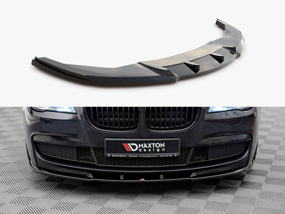 Maxton Design Front Splitter V.2 for BMW 7 Series F01 M-Pack, black aerodynamic car accessory, installed on front bumper.