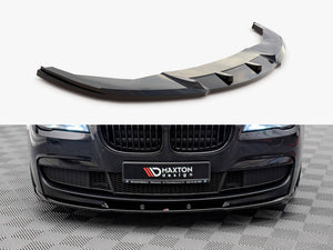 Maxton Design Front Splitter V.2 for BMW 7 Series F01 M-Pack, black aerodynamic car accessory, installed on front bumper.