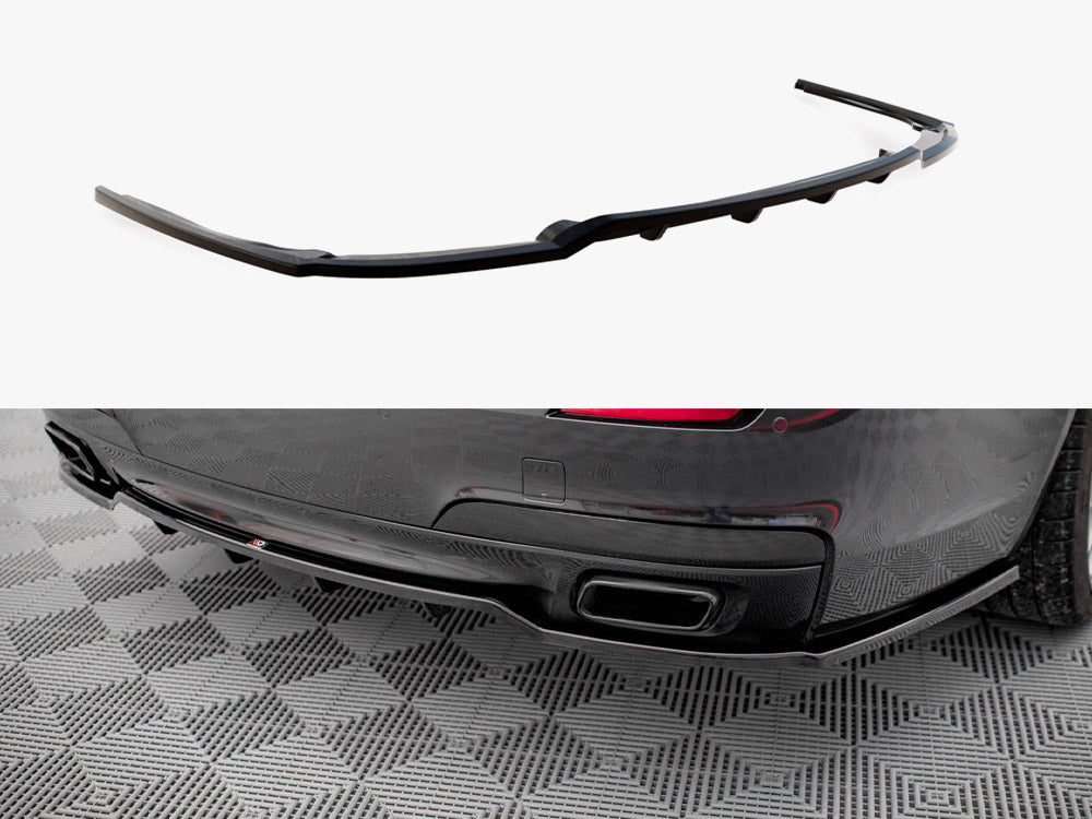 Maxton Design BMW 7 Series F01 rear splitter with vertical bars, made of durable material, mounted on the car's rear bumper.
