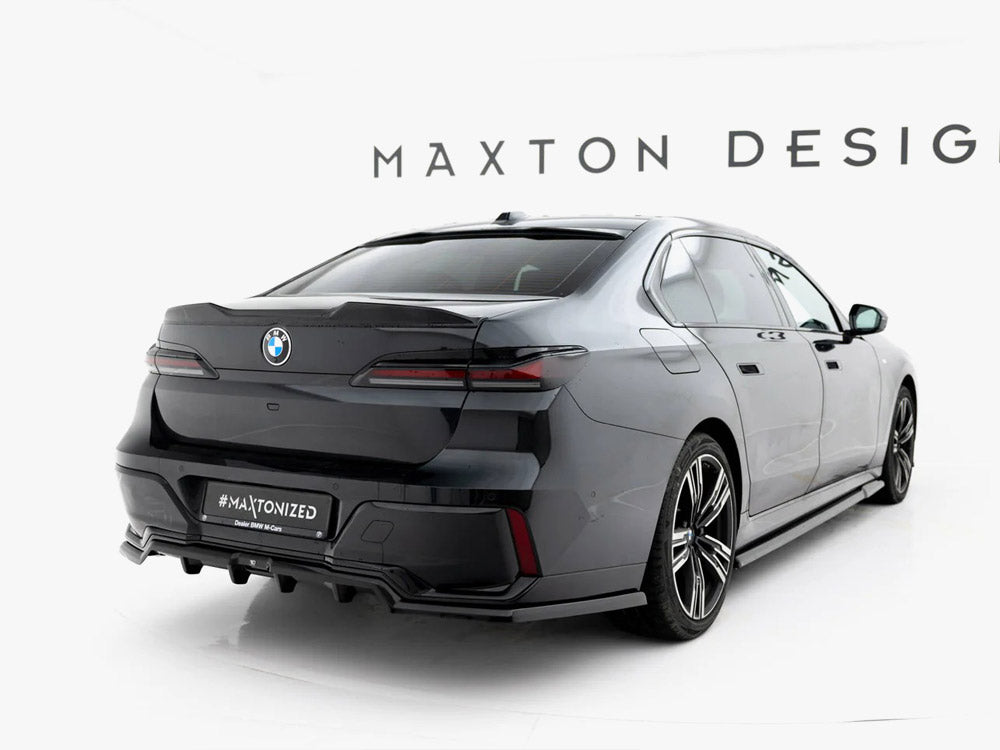 Maxton Design BMW 7 Series G70 rear splitter with vertical bars, body styling accessory for enhanced sporty look.
