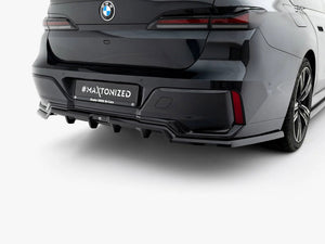 Maxton Design BMW G70 7 Series M-Pack rear splitter with vertical bars, body and styling accessory, in black with mounting details