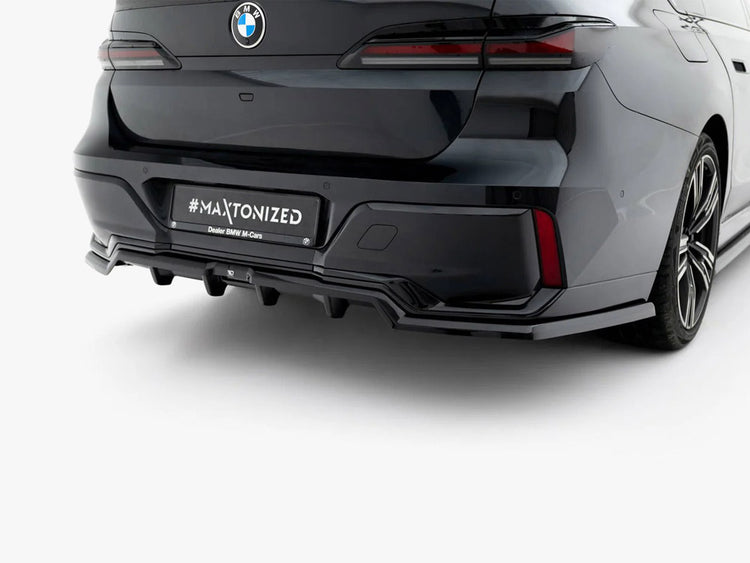Maxton Design BMW G70 7 Series M-Pack rear splitter with vertical bars, body and styling accessory, in black with mounting details