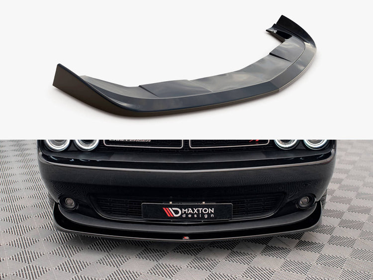 MAXTON® DESIGN front splitter for Dodge Challenger RT Mk3 Facelift, showing aerodynamic enhancement and sleek black finish.