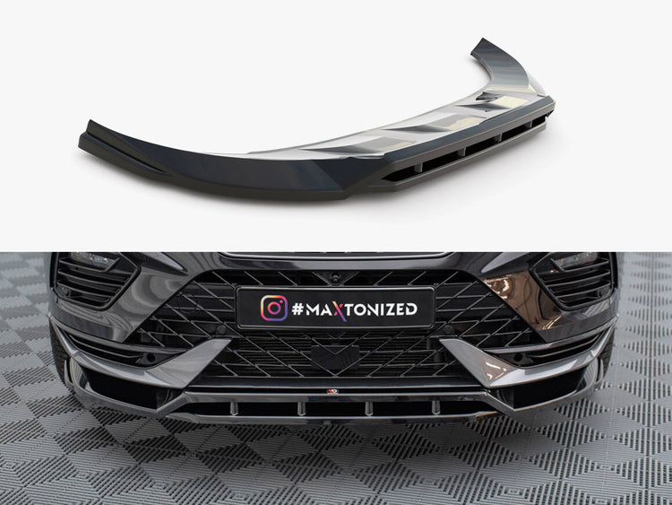 Maxton Design front splitter for Cupra Ateca Mk1 Facelift, body styling accessory, shown installed on vehicle with close-up view