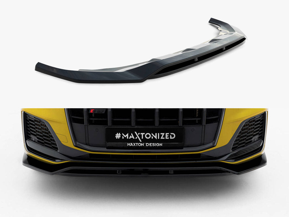 MAXTON® DESIGN front splitter for Audi SQ7/Q7 S-line Mk2 facelift 2019+, showing the sleek aerodynamic design on a black vehicle.