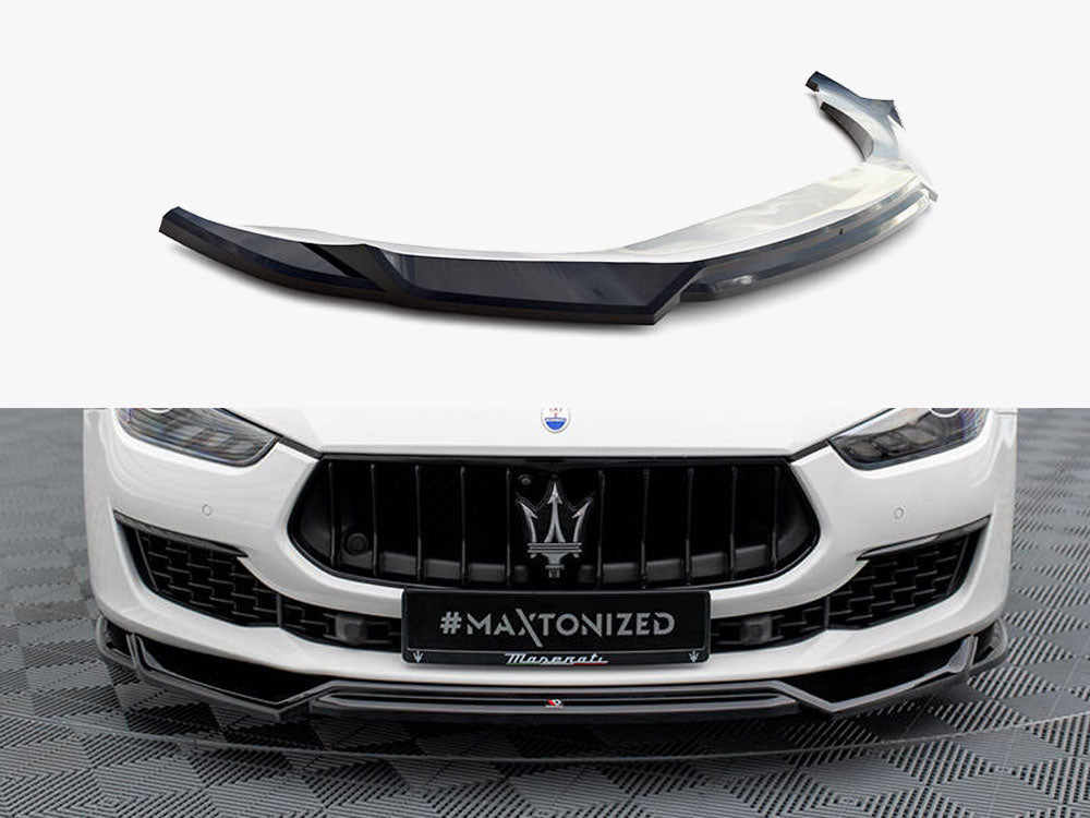 Maxton Design Front Splitter V.2 for Maserati Ghibli Mk3 Facelift, body styling accessory, in black with aerodynamic design.