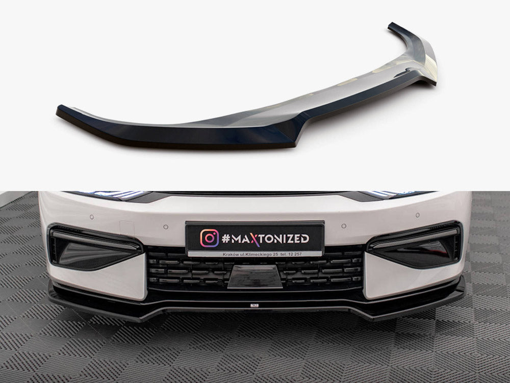 Maxton Design Front Splitter V.1 for Kia EV6 GT-Line Mk1, black aerodynamic body styling accessory with textured finish.