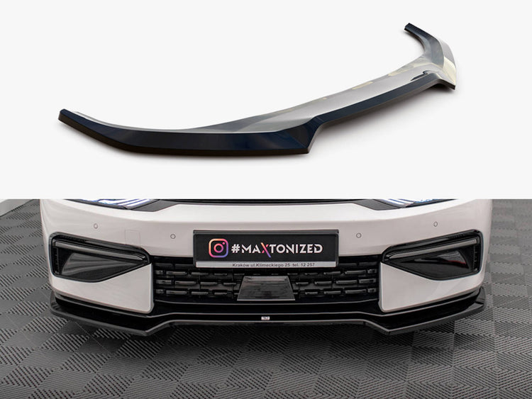 Maxton Design Front Splitter V.1 for Kia EV6 GT-Line Mk1, black aerodynamic body styling accessory with textured finish.
