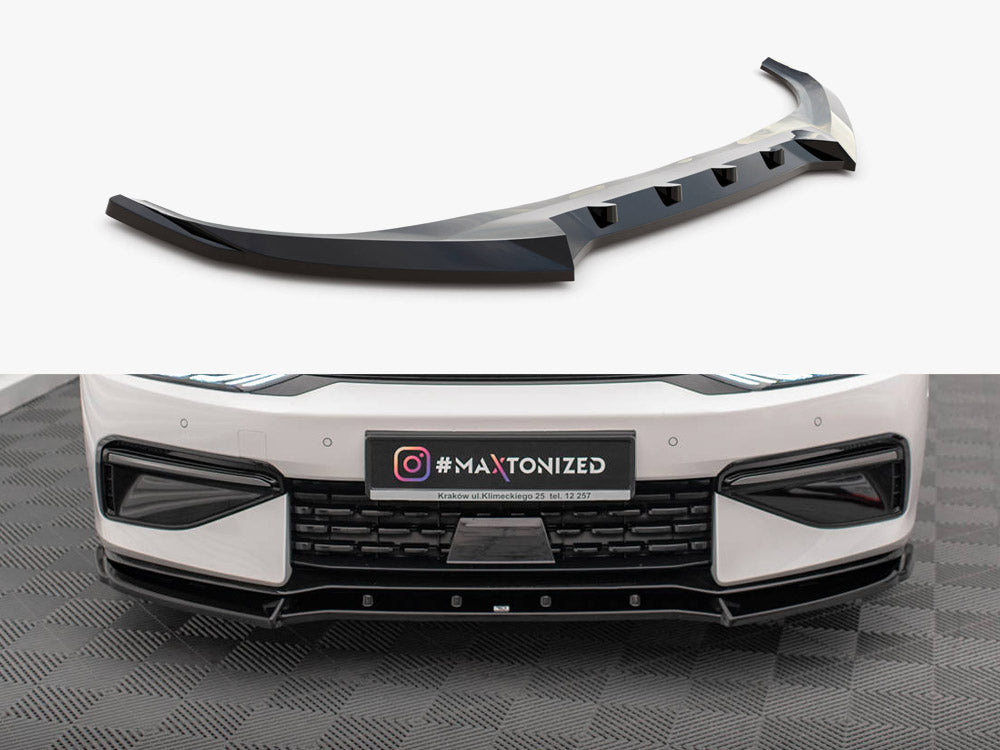 Maxton Design front splitter V.2 for Kia EV6 GT-Line Mk1, black aerodynamic body styling part with detailed design.