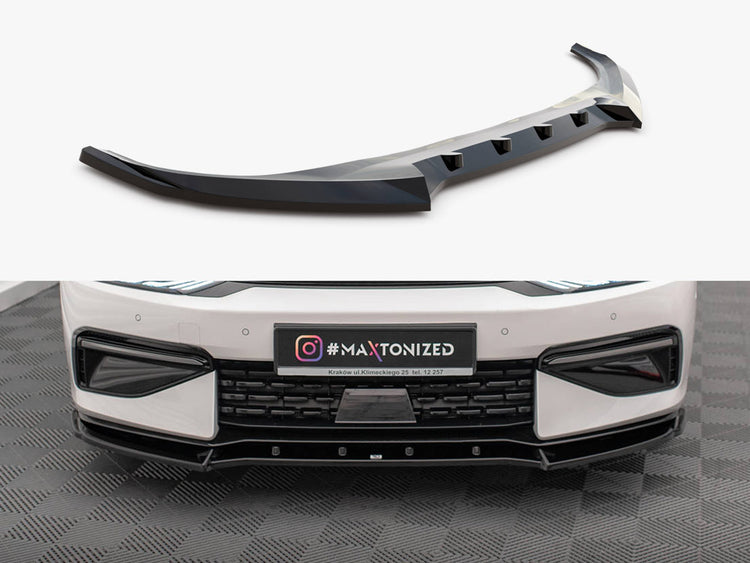 Maxton Design front splitter V.2 for Kia EV6 GT-Line Mk1, black aerodynamic body styling part with detailed design.