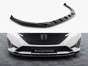 Maxton Design front splitter for Peugeot 308 GT Mk3, black aerodynamic body styling accessory on vehicle.