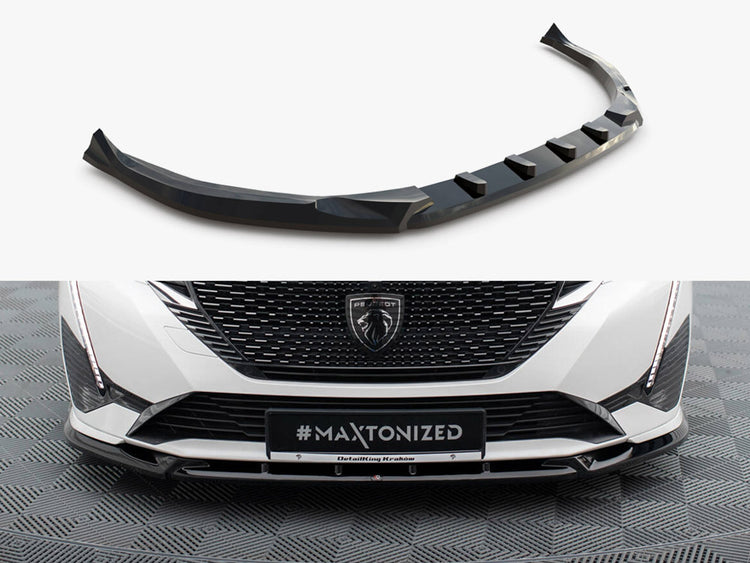Maxton Design front splitter for Peugeot 308 GT Mk3, black aerodynamic body styling accessory on vehicle.
