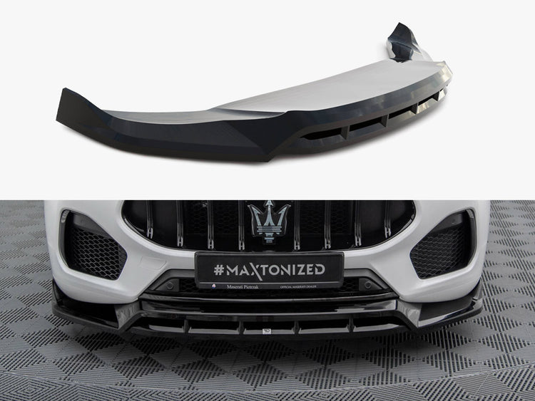 Maxton Design front splitter for Maserati Grecale GT and Modena Mk1, car body styling accessory, black aerodynamic enhancement.