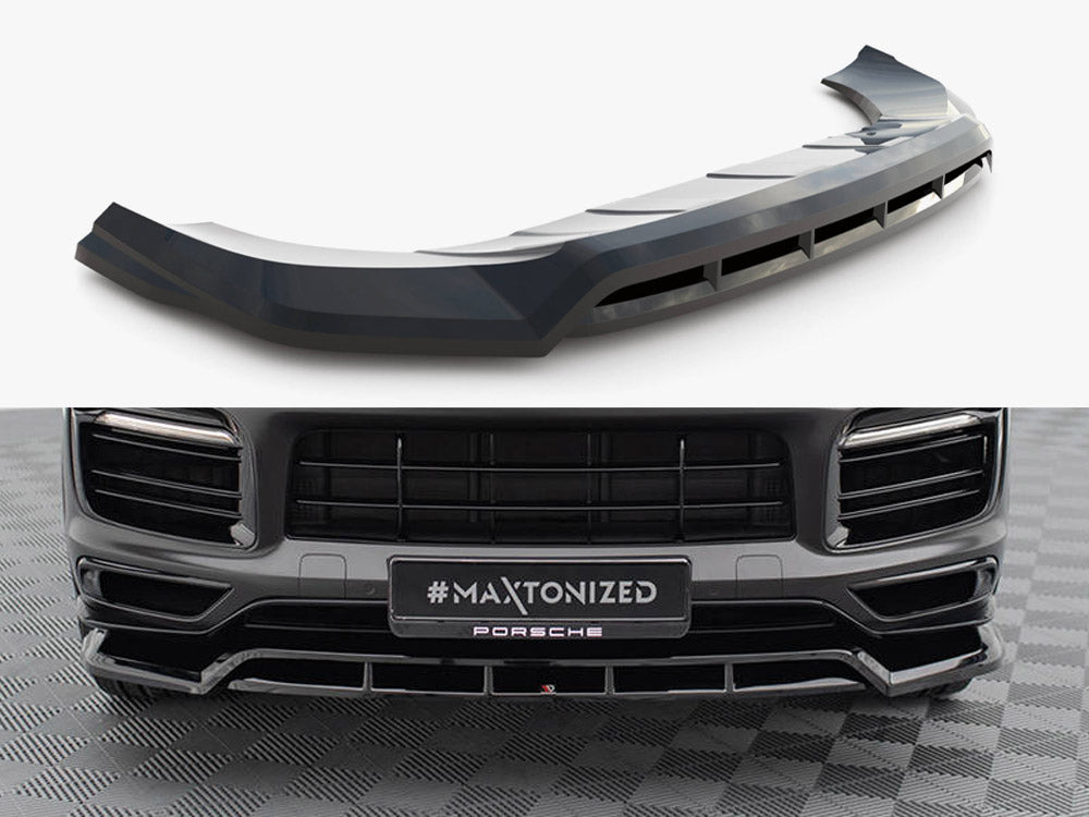Maxton Design Porsche Cayenne Sport Design Mk3 front splitter, black aerodynamic body styling part with vent details.