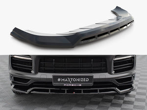 Maxton Design Porsche Cayenne Sport Design Mk3 front splitter, black aerodynamic body styling part with vent details.