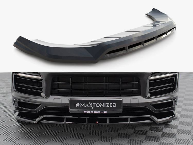 Maxton Design Porsche Cayenne Sport Design Mk3 front splitter, black aerodynamic body styling part with vent details.