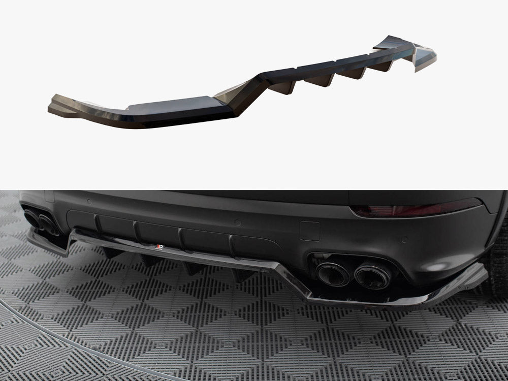 Maxton Design Porsche Cayenne Sport Mk3 rear splitter with vertical bars, body styling accessory in black for enhanced aerodynamics.