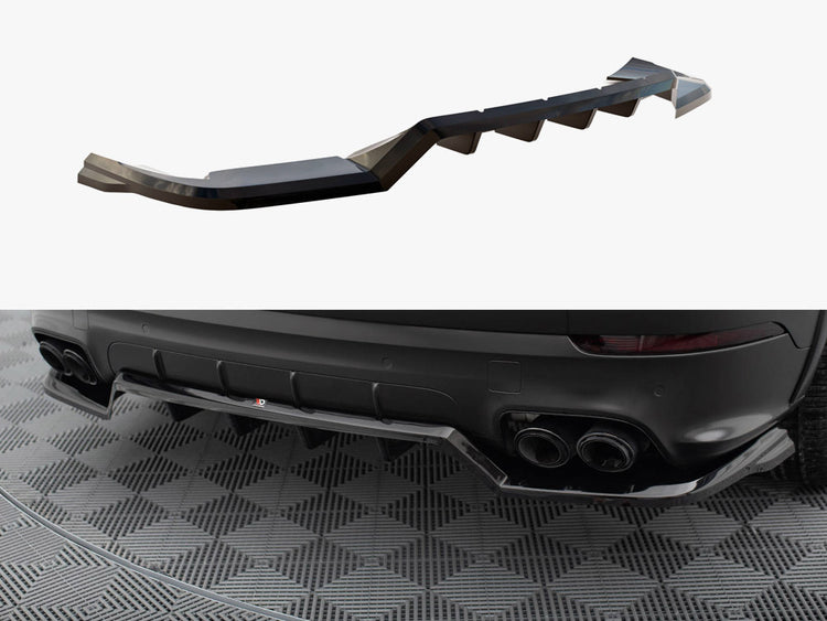 Maxton Design Porsche Cayenne Sport Mk3 rear splitter with vertical bars, body styling accessory in black for enhanced aerodynamics.