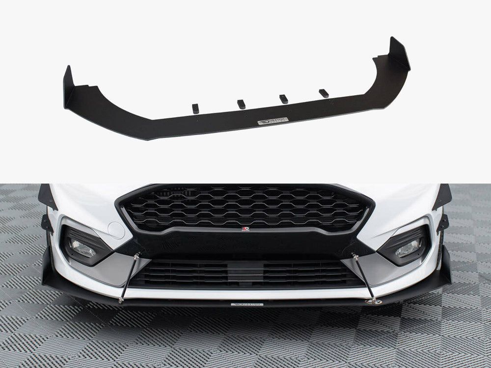 Maxton Design Front Racing Splitter V.1 for Fiesta Mk8 ST and ST-line, body styling accessory, shown on car with detailed close-up.
