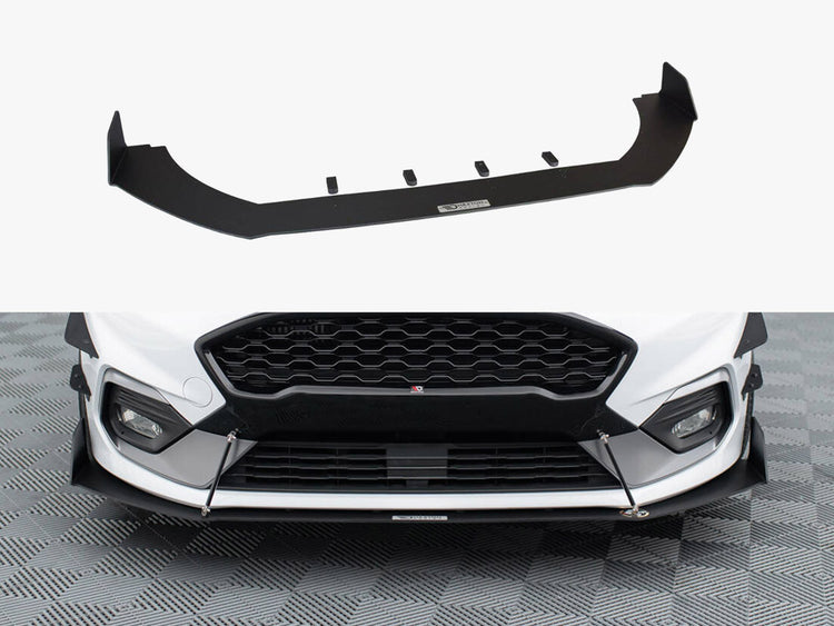 Maxton Design Front Racing Splitter V.1 for Fiesta Mk8 ST and ST-line, body styling accessory, shown on car with detailed close-up.