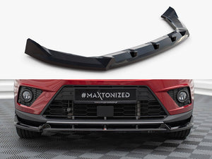 Maxton Design front splitter for Seat Arona FR Mk1, a sleek body styling accessory shown on a car with detailed close-up.