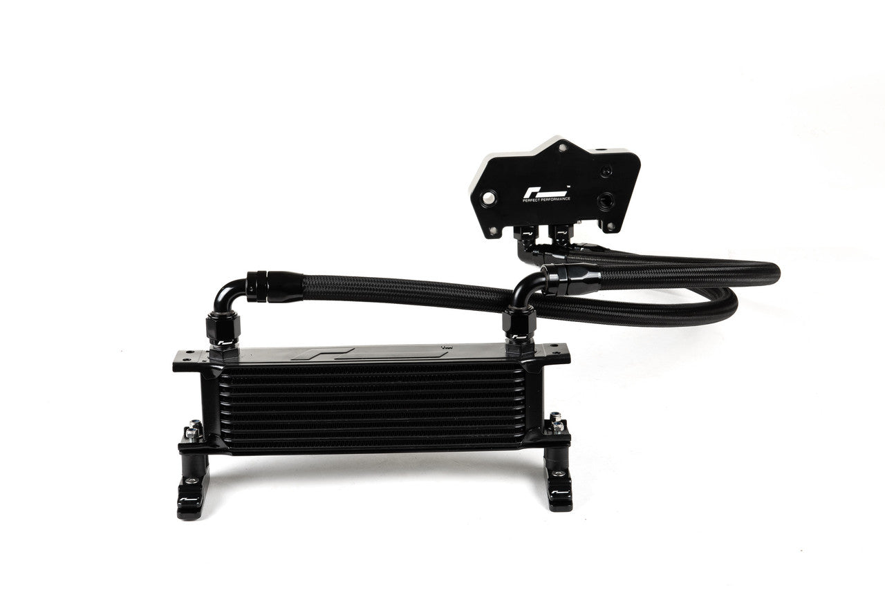 Racingline Performance DSG Oil Cooler System for MQB Evo DQ381 Gearbox, showing the transmission cooler components and fittings.