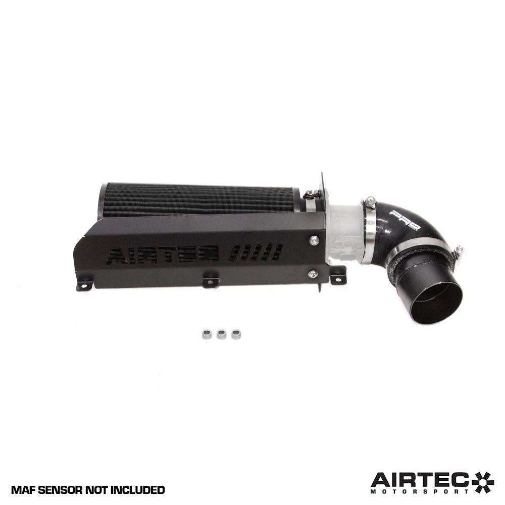 Black AIRTEC Motorsport induction kit installed in a Peugeot 208 GTI THP200 showcasing the high-performance intake system.