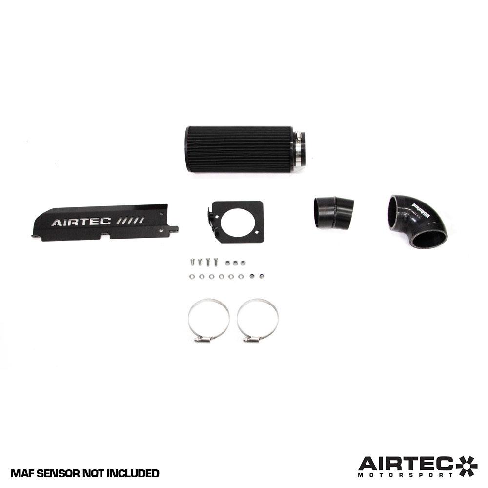 Black AIRTEC Motorsport induction kit installed in a Peugeot 208 GTI THP200, showcasing the intake system and air filters.