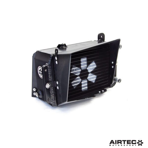 AIRTEC Motorsport auxiliary radiator installed in a Toyota Yaris GR Gen2, showcasing its compact, efficient cooling design.