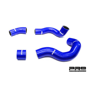 Airtec Motorsport Pro Hoses four-piece silicone boost hose kit for Ford Transit Custom Euro 6 engine, showing vibrant silicone hoses and fittings.