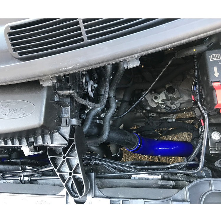 AIRTEC Motorsport Pro Hoses four-piece silicone boost hose kit for Ford Transit Custom Euro 6 engine, with black and blue hoses.